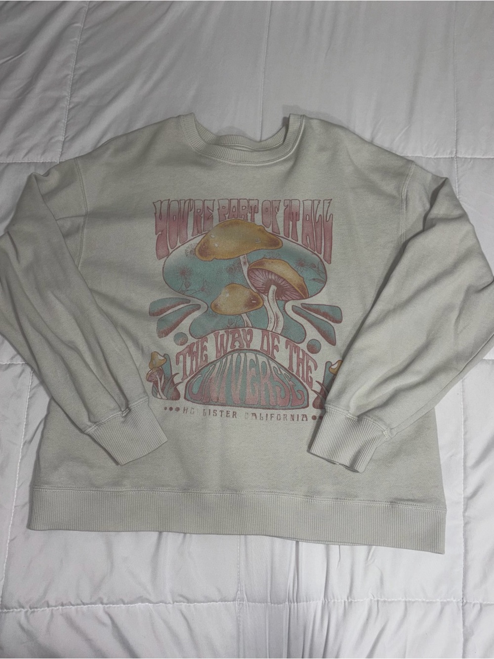 Hollister Cream Crewneck Sweater with Retro Mushroom Graphic